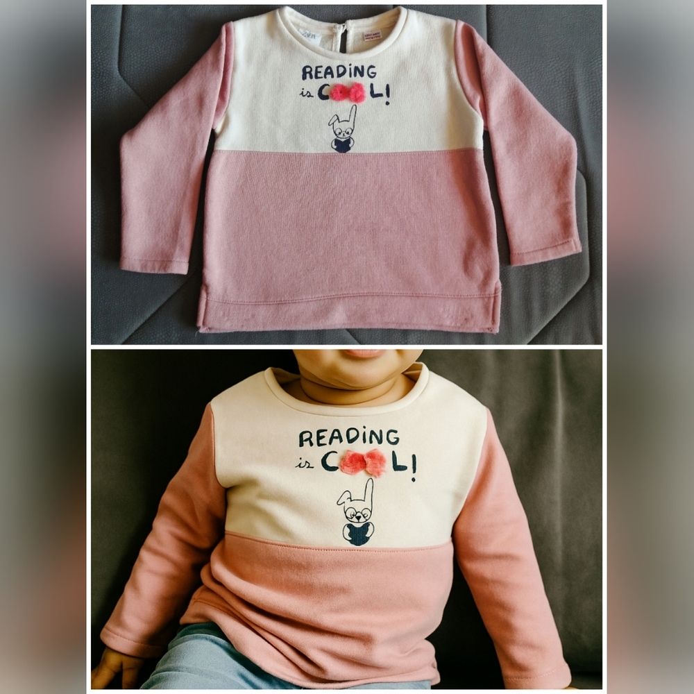 🔴 Zara Kids Pink White Reading is Cool Bunny Graphic Sweatshirt Top